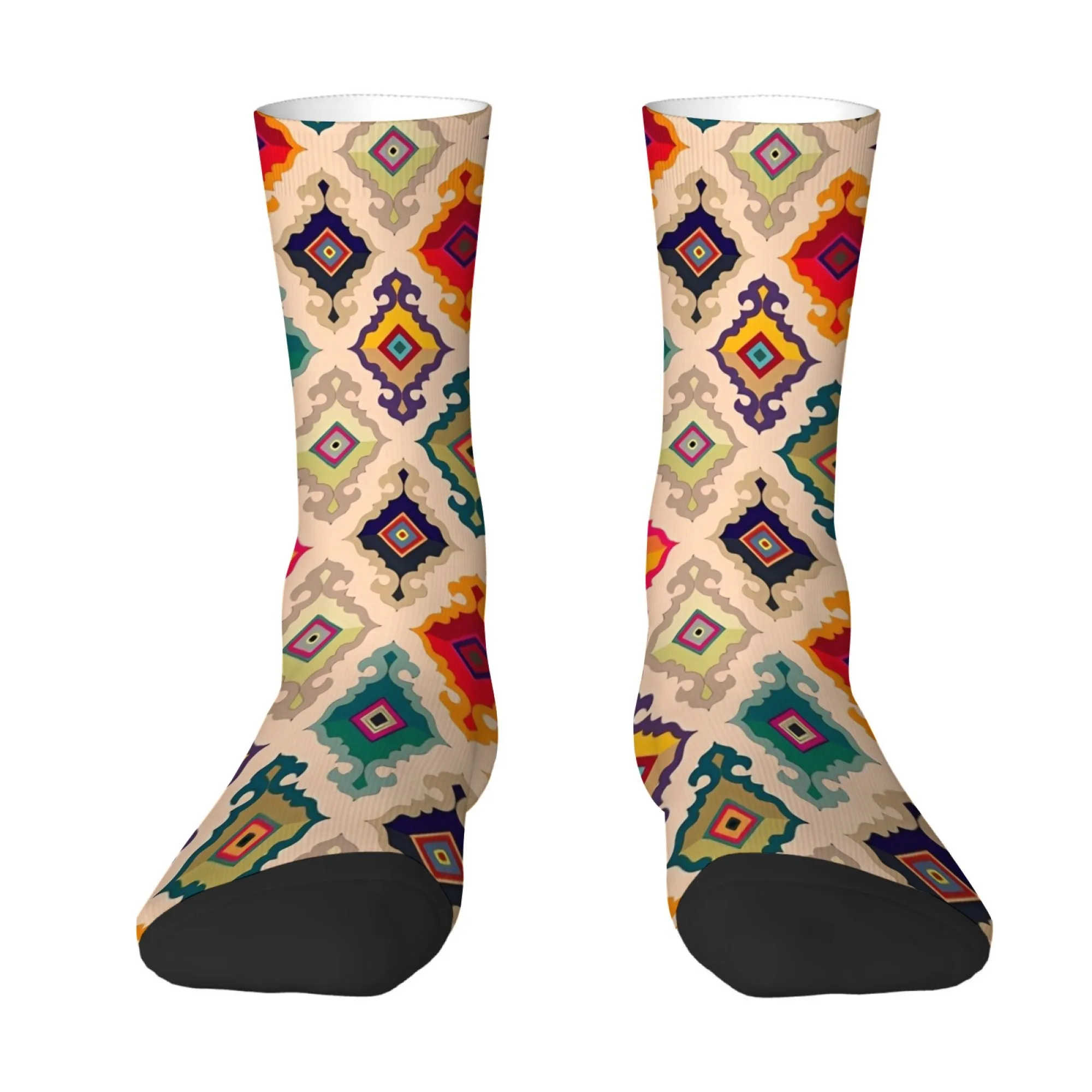Retro Bohemian Exotic Ethnic Geometric Pattern Men's Mid-Calf Socks Light Beige Sole Simple and Stylish Comfortable Breathable