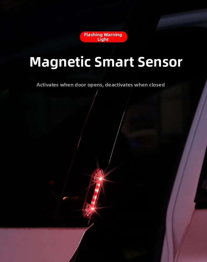Waterproof Solar Car Door Light with Magnetic Sensor for Automatic Operation Flashing White Red Blue Indicator for All Vehicles