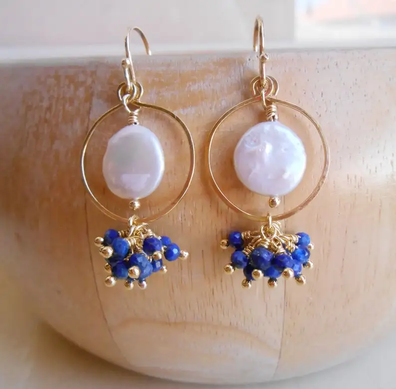 Nadia coin pearl lapis lazuli gemstone cluster hoop earrings blue white gold fill gift for her June birthstone engagement