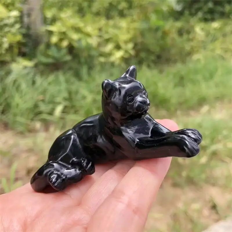 

Natural Black Obsidian Cat Carving Crystals Beautiful Gemstone For Home Decoration Collection Gift 1PCS