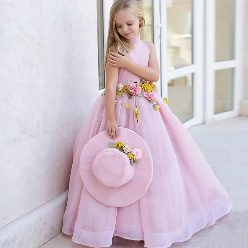 

Pink Flower Girl Dresses High Neck Sleeveless Floor Length Ball Baby Girl Pageant Party Gown for Birthday Wedding Baptism
