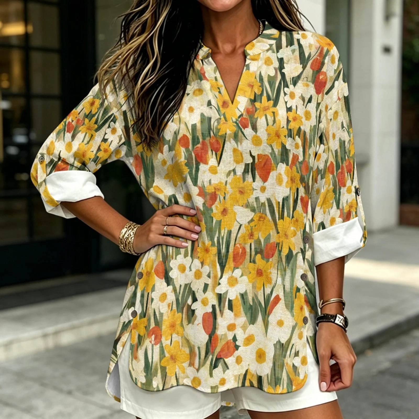 PENSTROLL Oil Painting Flowers Long Sleeved Long Sleeve Blouses Shirts for Womens Linen Like Casual Blouses Long Sleeve Tops