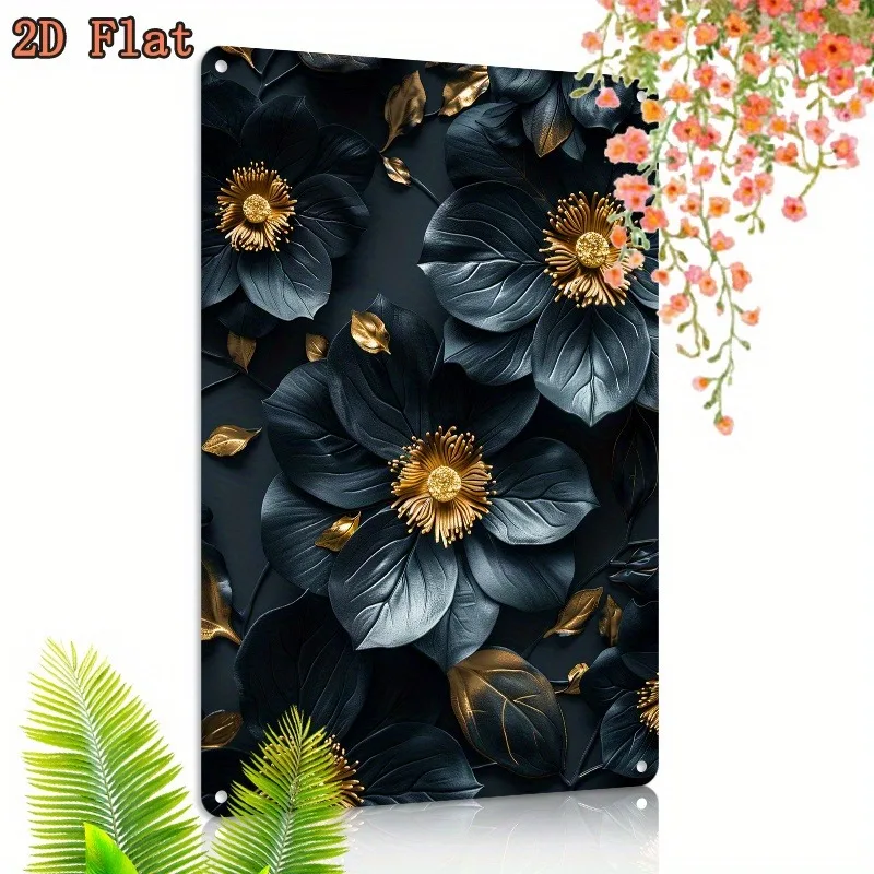 Art mural élégant en fer floral noir – Panneau métallique 8x12 pouces avec accents dorés pour décoration de maison, de salle de sport et de jardin – Idée cadeau