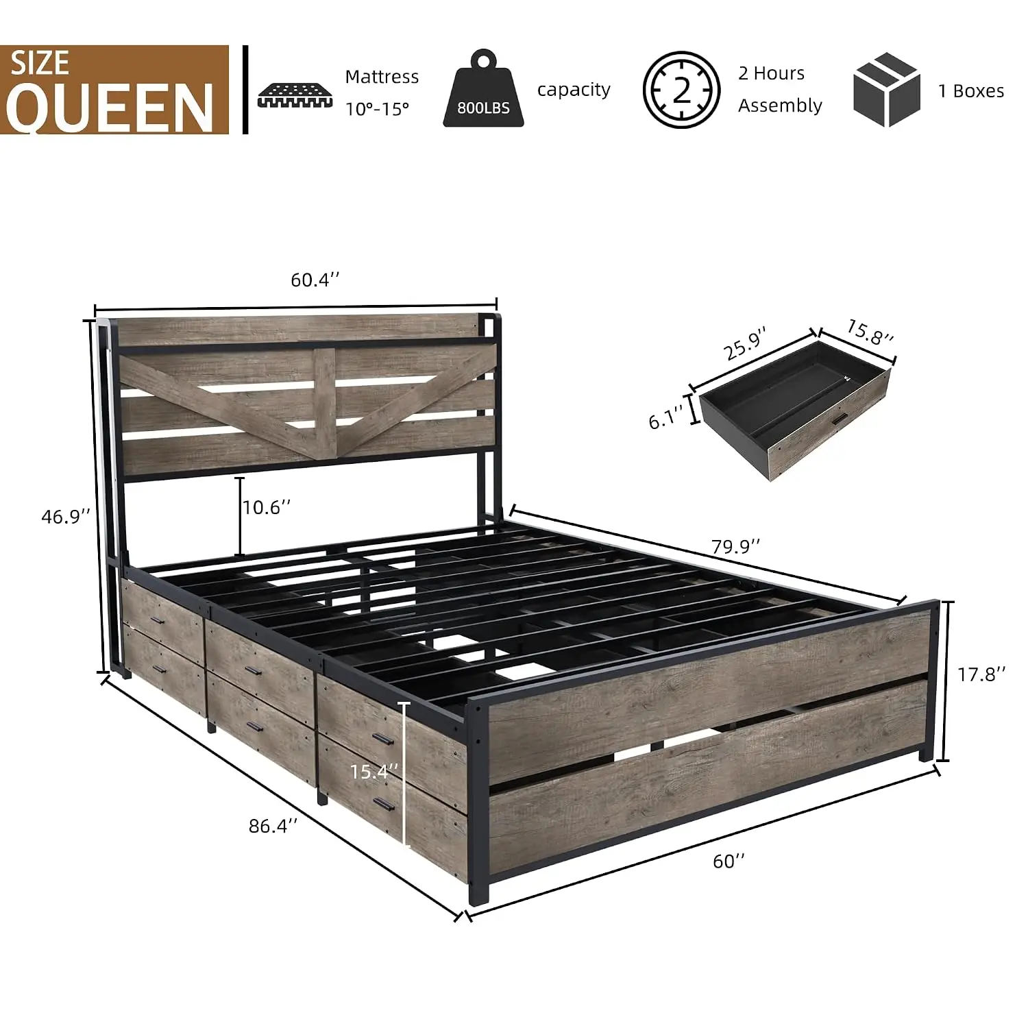 Wooden Bed Frame with 12 Storage Drawers and Headboard, Farmhouse Platform Bed Frame with Charging Station, No Box, Customized