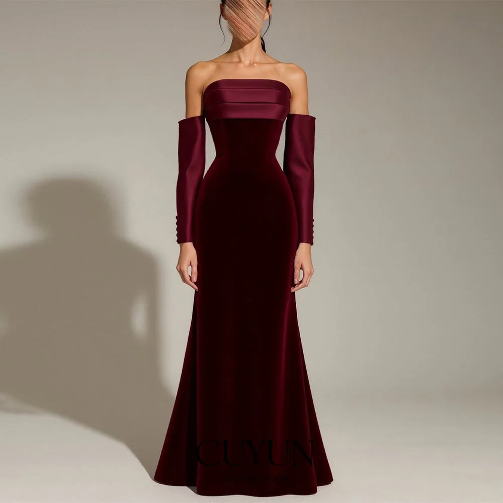 

CUYUN Semi-Formal Burgundy Evening Gown Formal Occasion Dresses Customized Satin and Velvet 3/4 Sleeves Birthday Party Gown