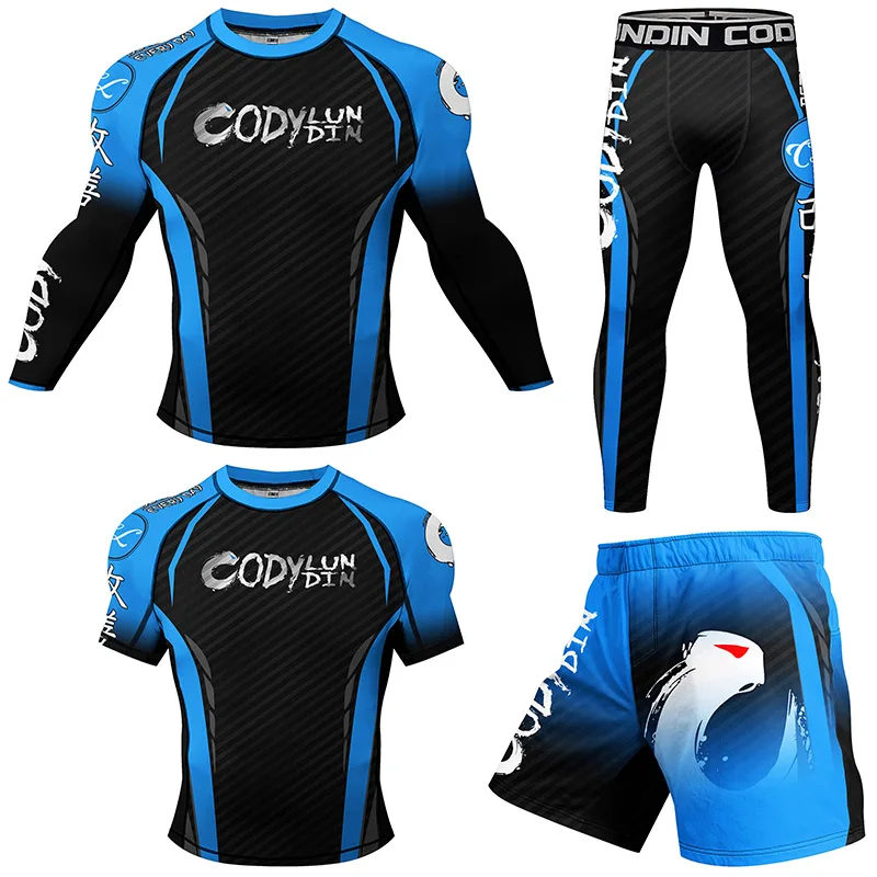 New design Men's Rash Guard T-shirts +Muay Thair Shorts anti-uv Rashguard Boxing Clothing Sets With Rubber Bottom Bjj Sportswear