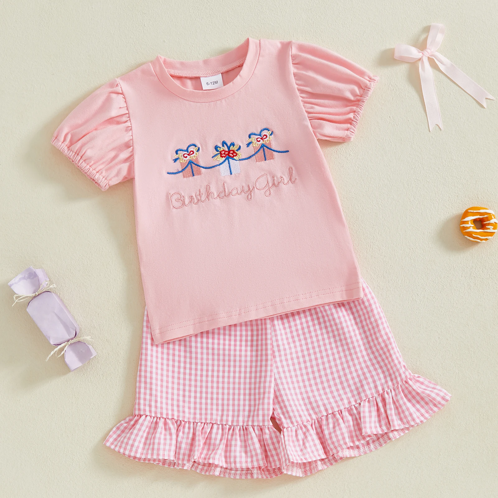 

1-4Y Toddler Girl Summer Birthday Clothes Cake Embroidery Short Puff Sleeve T-Shirt Elastic Waist Plaid Ruffled Shorts Outfits