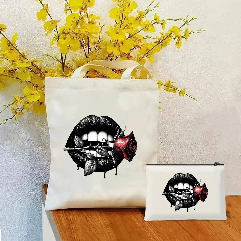 Black Lips Red Rose Gothic Canvas Tote with Makeup Pouch Set Women Reusable Shopping Handbag for Daily Grunge Aesthetic Art