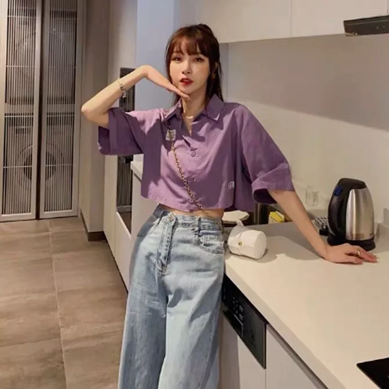 T-shirt Women All-match Cropped Summer Vintage Purple Loose Solid College Sweet Daily Sexy Simple Camisa Casual Mujer Breathable