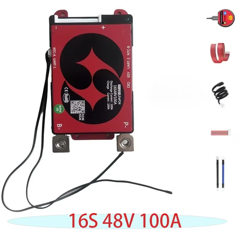 Smart 16S 48V 100A LiFePO4 BMS – Metal Case, Bluetooth, for Prismatic/Pouch/18650 LFP Cells
