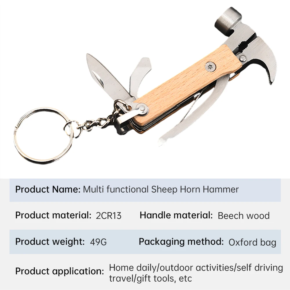 Multifunctional Hammer Outdoor Portable Mini Beech Hammer Stainless Steel Knife Bottle Opener With Keychain