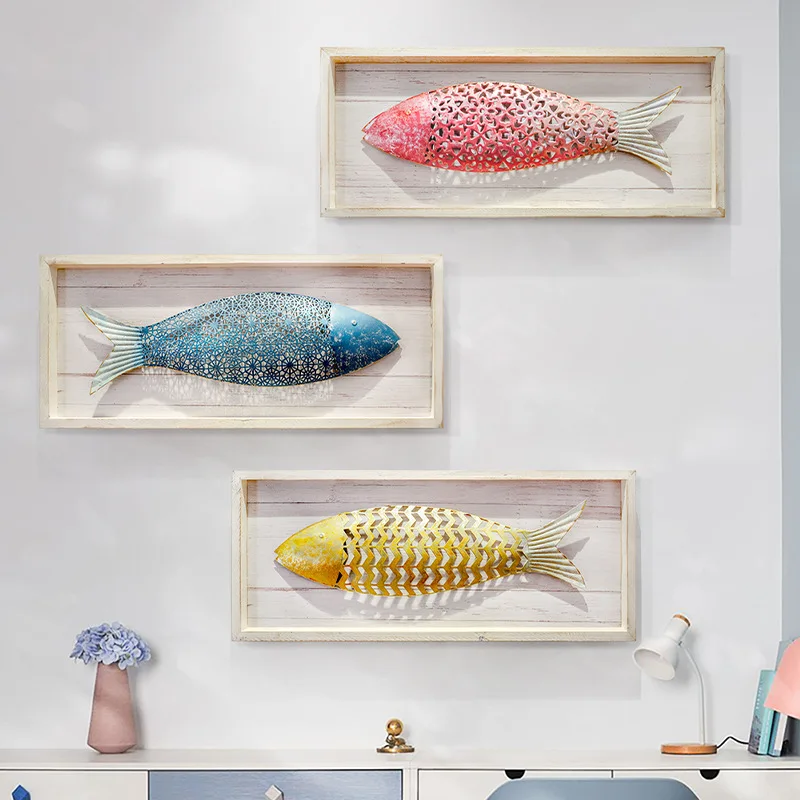 Creative living room sofa TV background wall decoration pendant three-dimensional fish school iron art