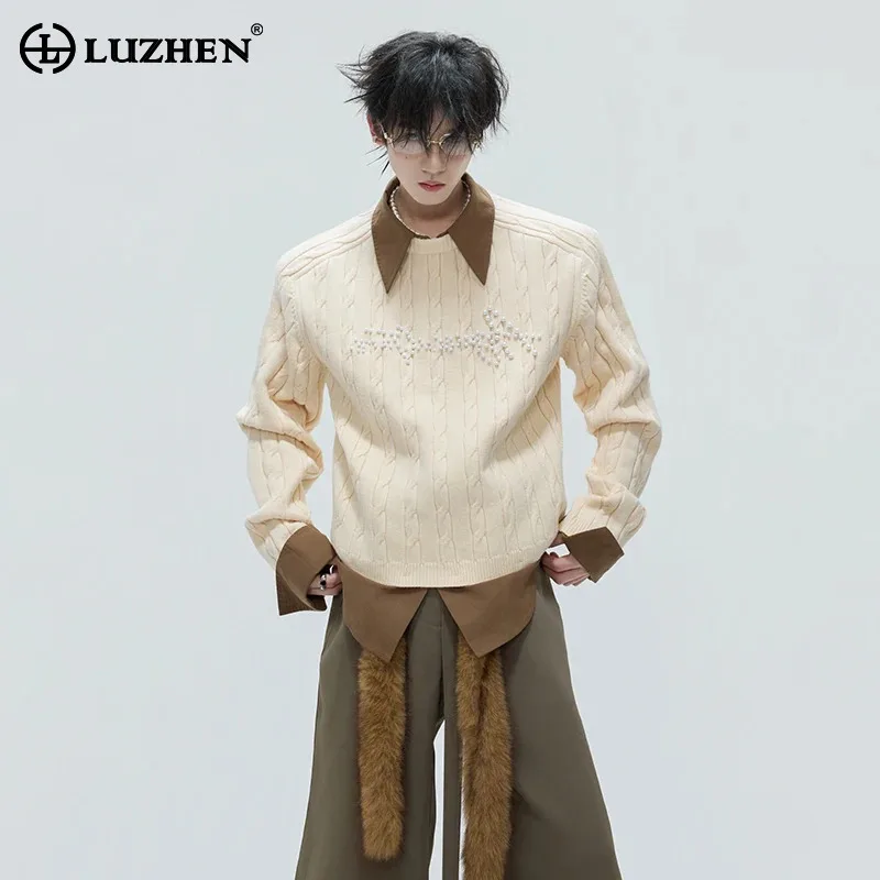 LUZHEN 2026 Autumn Winter New Fake Two Piece Design Knitted Pullover Men's Fashion High Quality Embroidery Pearl Sweater JY9481