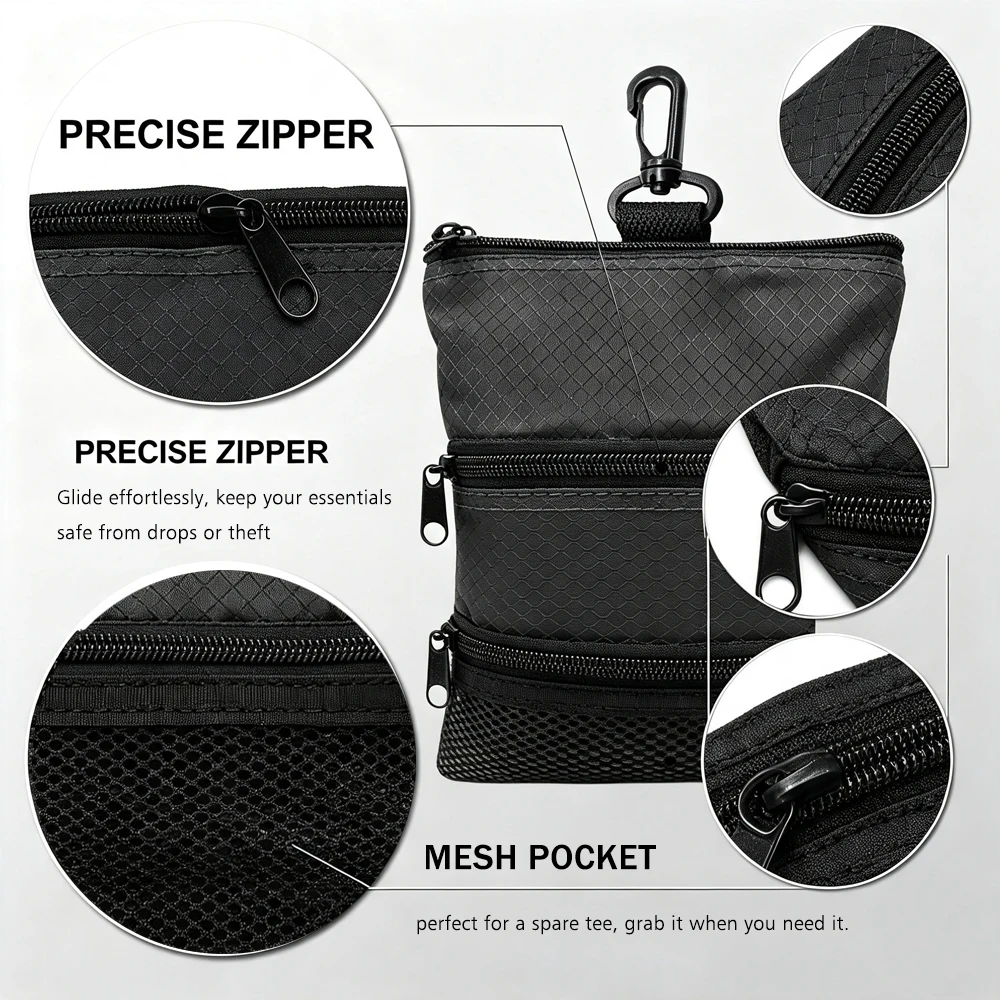 Waterproof Polyester Golf Ball Bag Pouch with 3 Zipper Pockets High Capacity Accessory Bag with 360 Swivel Hook for Tees Balls