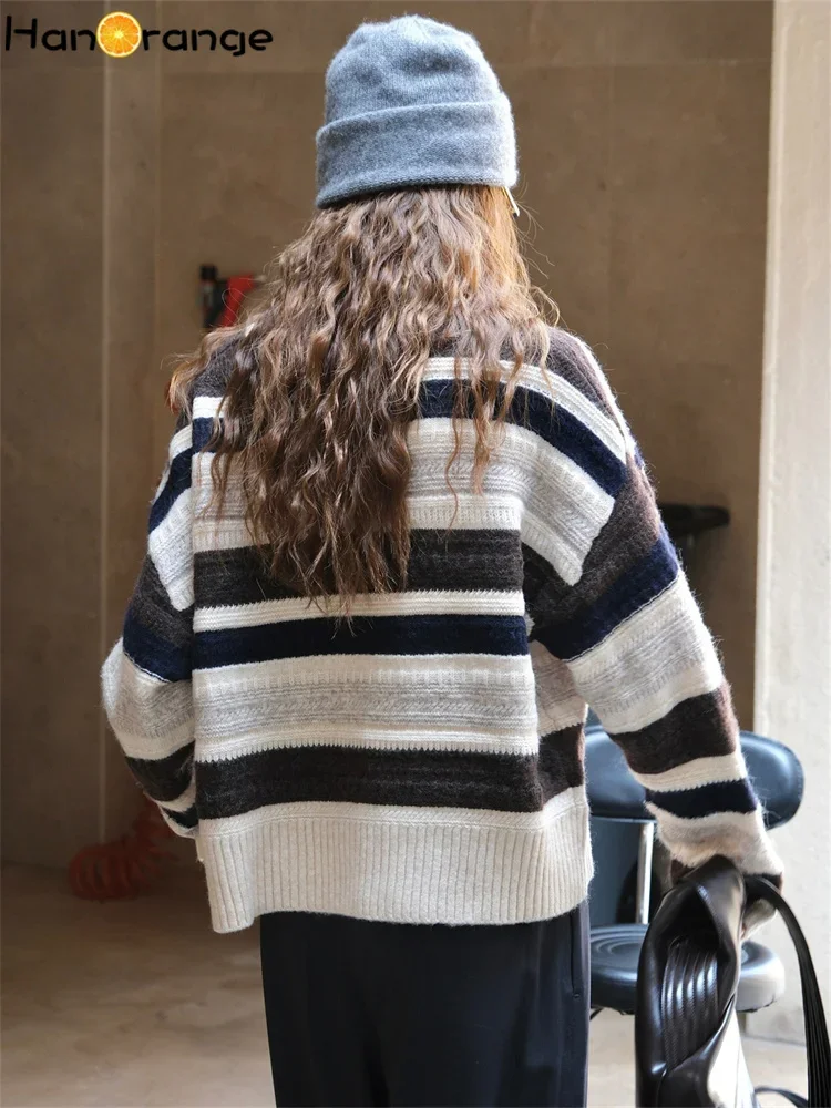 HanOrange 2024 Autumn Winter Gentle Retro Contrasting Striped Sweater Women Warm Skin Friendly Loose Knitting Top Yellow/Coffee