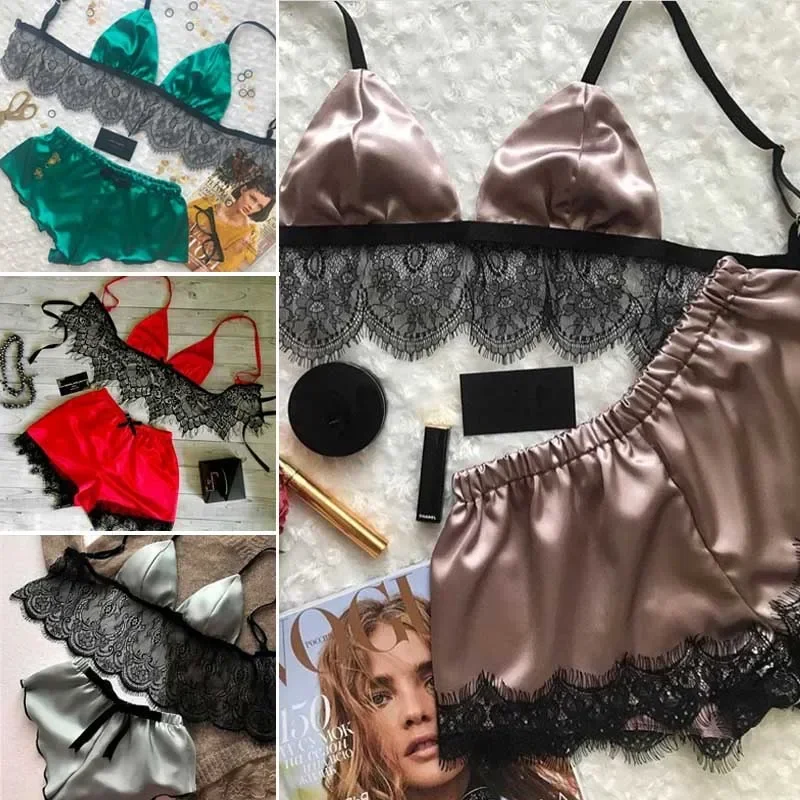 Set Piyama Wanita Baru Pakaian Dalam Lingerie Seksi Piyama Satin Sutra Atasan Crop Bra + Set Celana Pendek Pakaian Tidur Tanpa Lengan Leher V Seksi