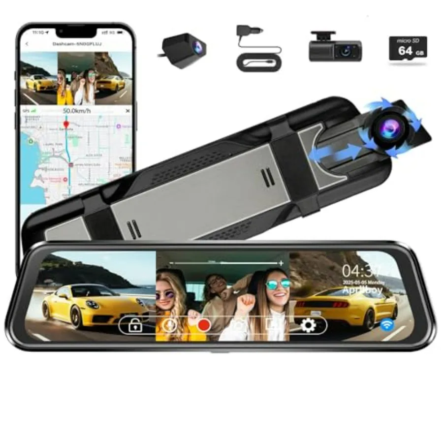 

3 Channel Mirror Dash Camera for Cars Triple Rear View Mirror with Front 4K/3K Inside and Rear 1080P WiFi G-Sensor Night Vision