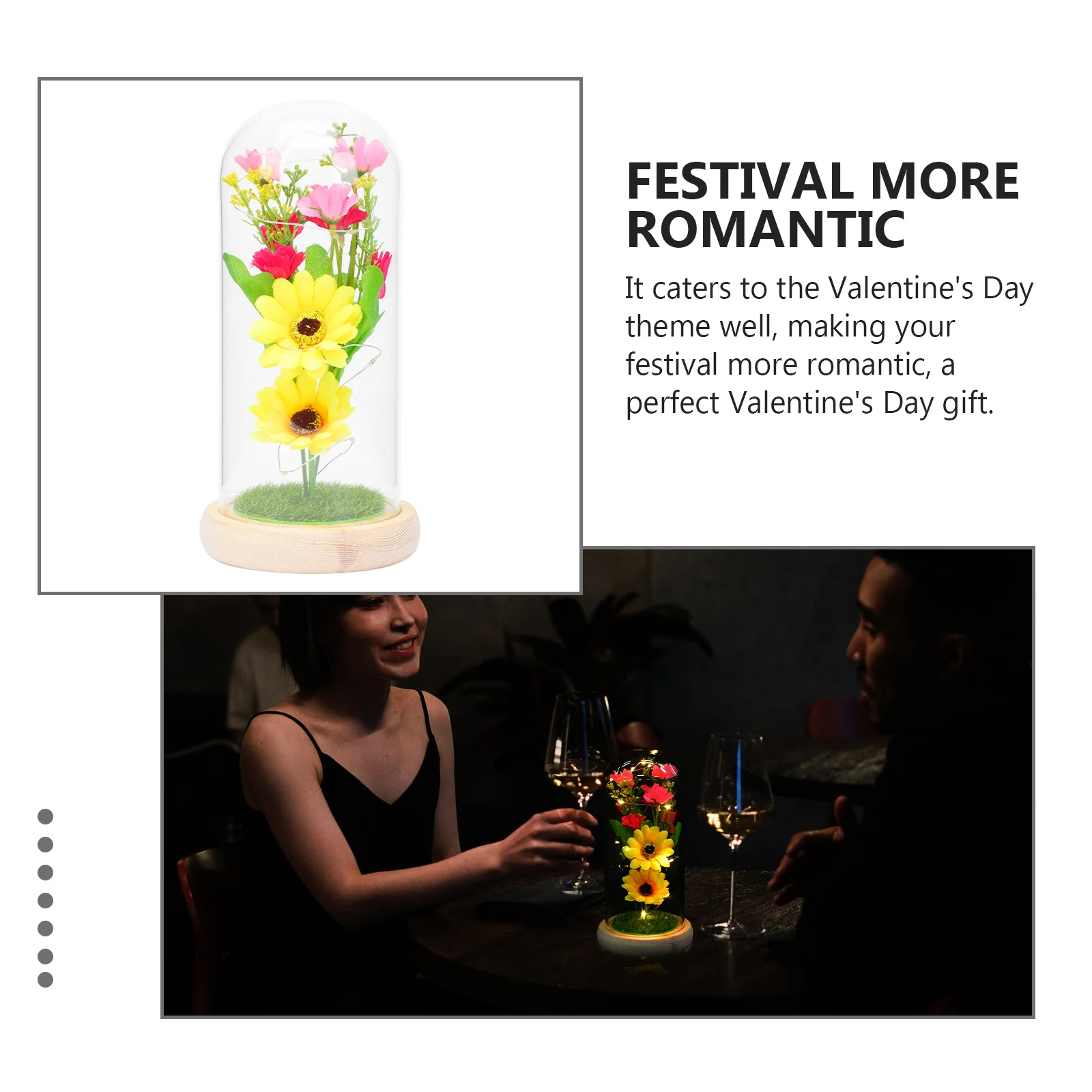 1Pcs LED Night Light Decorative Glowing Artificial Flower in Glass Cover Exquisite Desktop Ornament for Wedding Anniversary