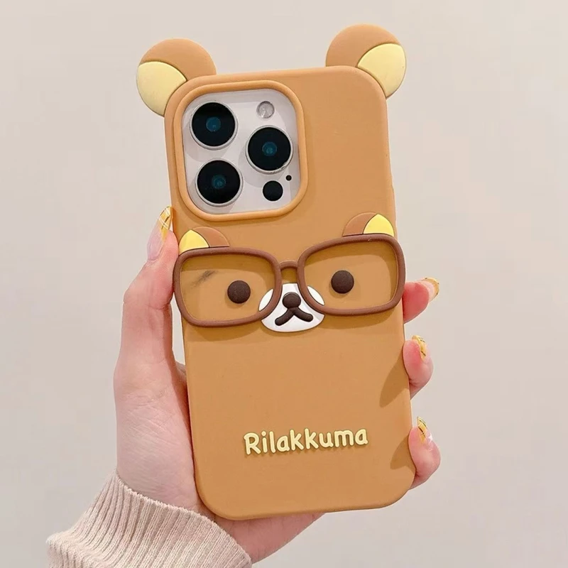 For iPhone 4S 5 5S 15 Plus 16 Pro Max 14 Pro 13 12 11 7 8 SE 6S 17 3D Glasses Rilakkuma Cartoon Silicon Soft Phone Case - náhled 3