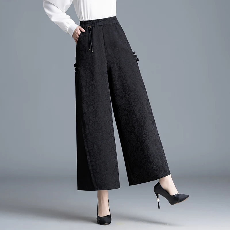 ZUZK Jacquard Wide Leg Pants Spring Autumn Comfortable Elastic Waist Chic Droop Chinese Style Pants Mom's Pants