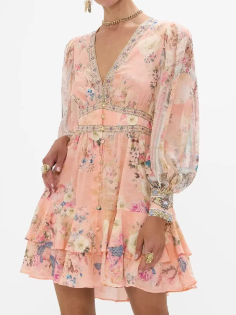 

Women Beaded Pink Dress Autumn New Flower Printed Lantern Sleeve V-Neck Sweet Female 100% Silk Mini Robe