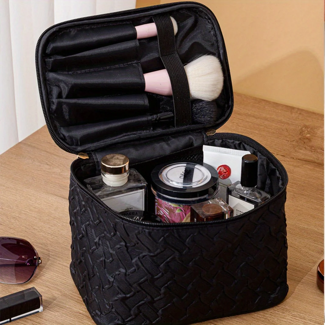 

Woven Fabric Travel Makeup Bag, Multi-Functional Cosmetic Organizer, Portable Handheld Square Toiletry Case