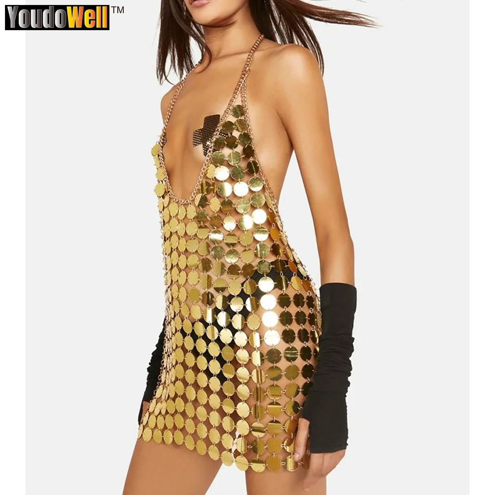 

Women's Spice Girl Metallic Sequin Mini Skirt, Silver Disc, Deep V, Beach, Nightclub, Party Evening Dress, Fashion, 2023