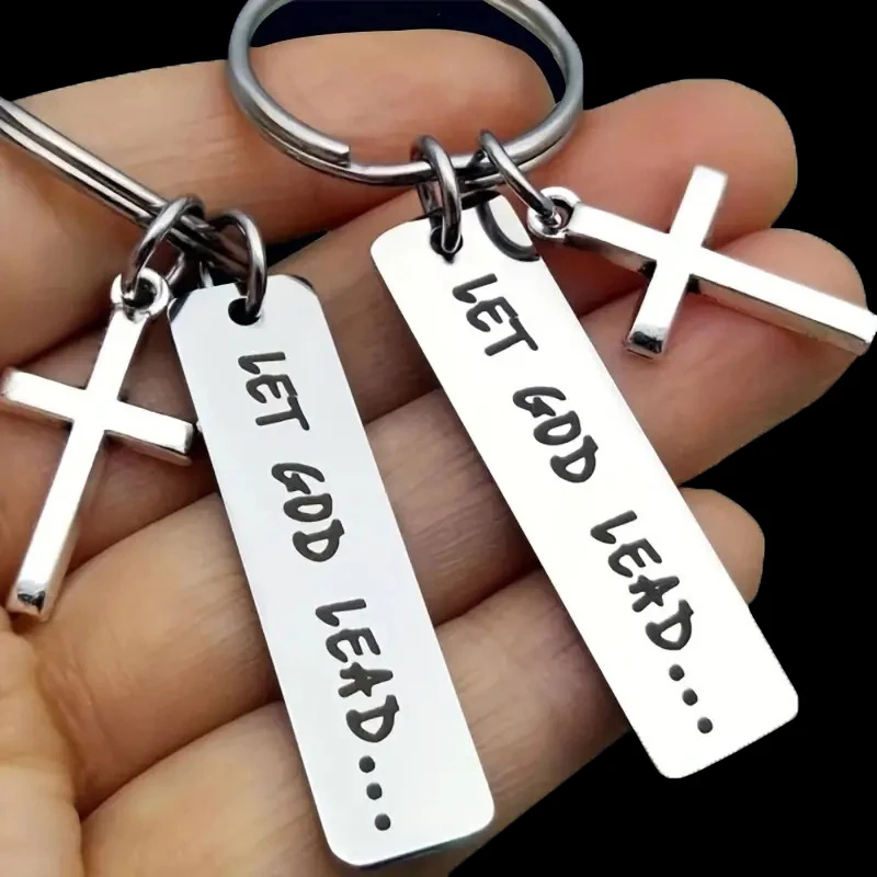 Let God Lead···Faith Cross Stainless Steel Keychain, Christian Religious Key Chain Ring Purse Bag Backpack Charm Daily Gift