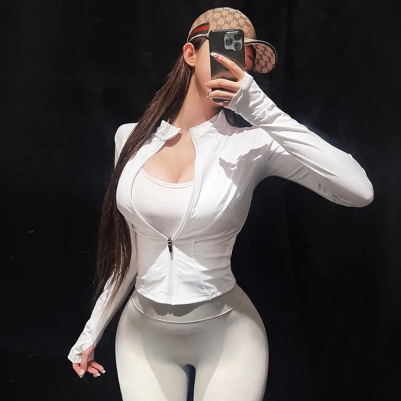 South korea Dongdaemun Elegant Yoga Outerwear Waist Hugging Tight Figure Flattering Zip-up Stand Collar Thin Outerwear T-shirt