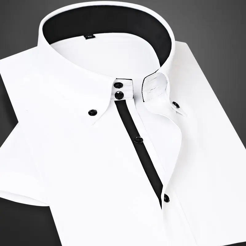 Men\'s Short Sleeve Shirt Button-down Collared Summer Formal Business Dress Shirts Slim Fit Korean Fashion Casual Classic Black