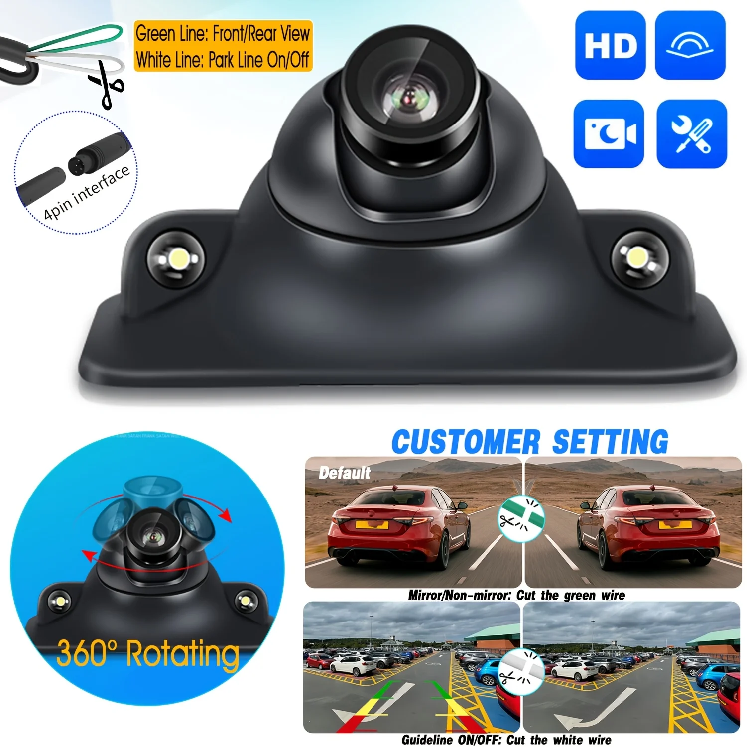 360° Rotating Car Backup Camera with Full Color & 2 LEDs - CVBS Compatible for, Reverse Camera for Cars, Trucks, SUVs, RVs, Vans