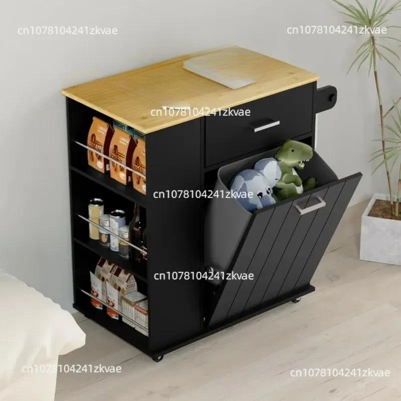 Sloping Trash Can Cabinet, Multi-function Kitchen Island with Spice Rack, Freestanding Laundry Storage Trolley on Wheels