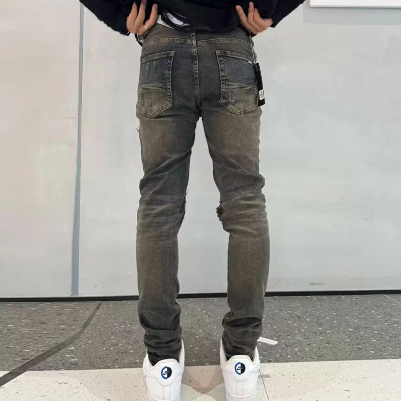 Latest designer fashion new men's jeans elastic tight patch leather jeans high street fashion hip-hop brand washed black gray pa