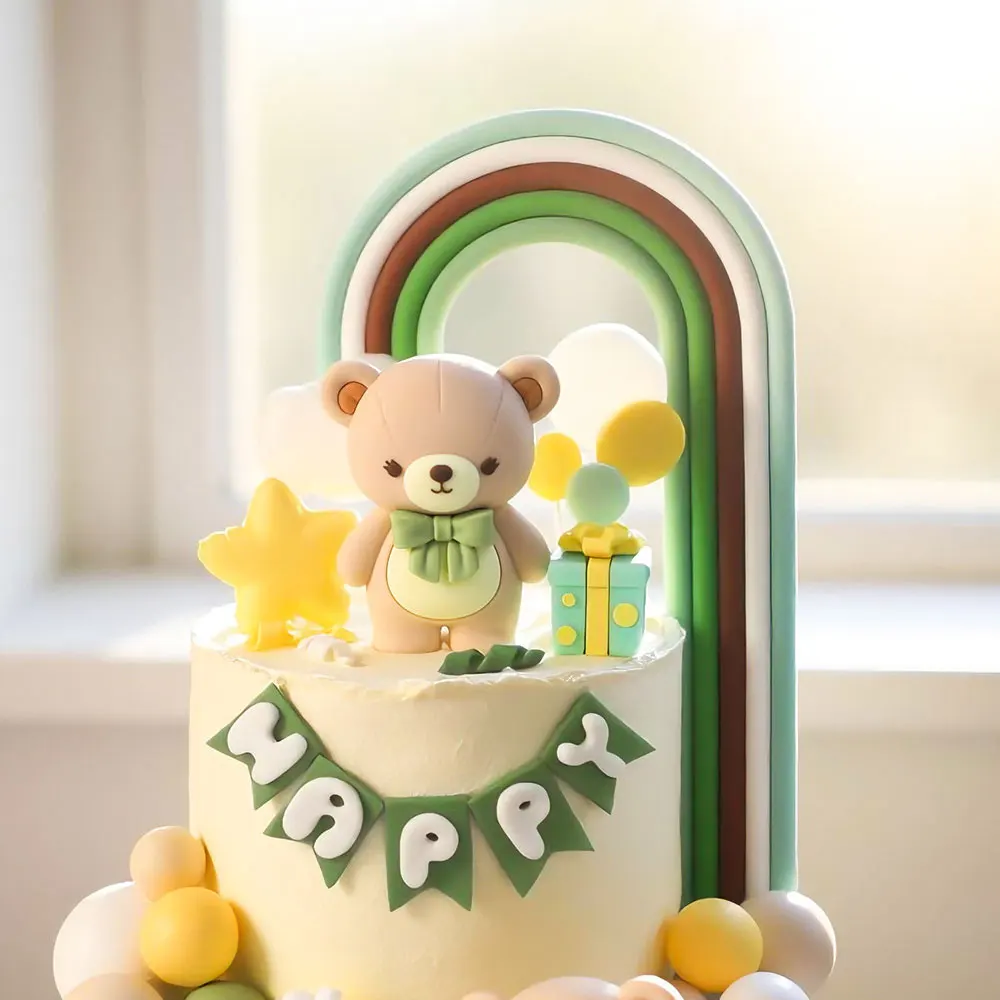 1 Set Grüne Bären-Kuchendekoration für Babyparty Gold Salbeigrüne Schaumstoffbälle Schleife Bären-Kuchenaufsatz für Mädchen Jungen Geburtstagsfeier Deko – Detail 12