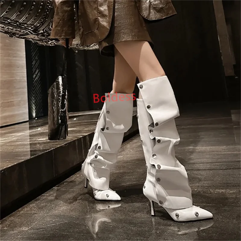 

Autumn Winter Women Thigh High Boots Folder Fashion Knee Boots Studded Pointed Toe High Heels Women Boots