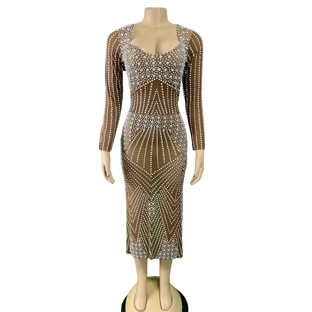 

Stunning Pearl Rhinestone Stretch Long Sleeve Dress For Women Birthday Evening Nightclub Wear Wedding Luxury Drag Queen Costume
