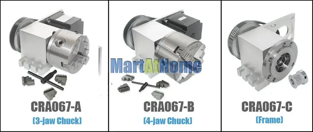 CRA068-A/B/C CNC Router Rotary Indexer Table 4th Axis Reduction Ratio 4:1 with 3-jaw 100mm Chuck and 4.5A 86 Stepper Motor