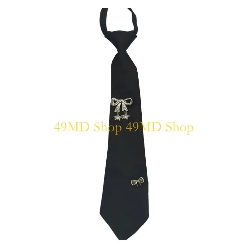 49MD Uniform Black Ties for Senior High School Girl Uniform Pre-tied Preepy Look Adjustable Neck Ties with Metal Chain