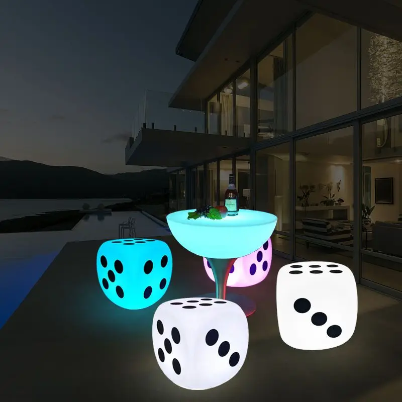 LED Dice Ottoman Remote Control Glowing Cube Stool Plastic Bar Coffee Table KTV Light-Up Dice Decor Side Table for Bedroom