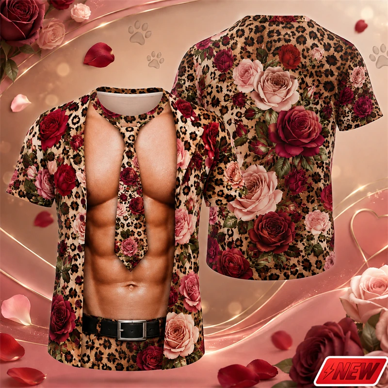 Men 3D Fake Abdominal Muscle Skin Print T Shirt Leopard Print Rose Floral Graphic Short Sleeve Tee Summer Party Casual Funny Top