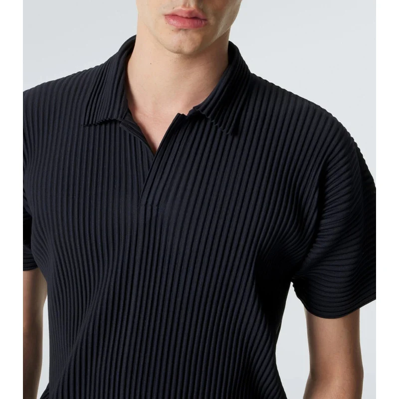 Miyake Pleated Men's Polo Shirt Short Sleeve Plisse Lapel Collar Loose Fit Breathable Stretch Korean