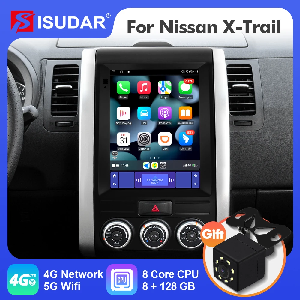 ISUDAR Android 12 Car Radio for Nissan X-trail 2007-2015 Multimedia Player 2 Din Tesla Style Vertical Screen GPS Carplay Stereo