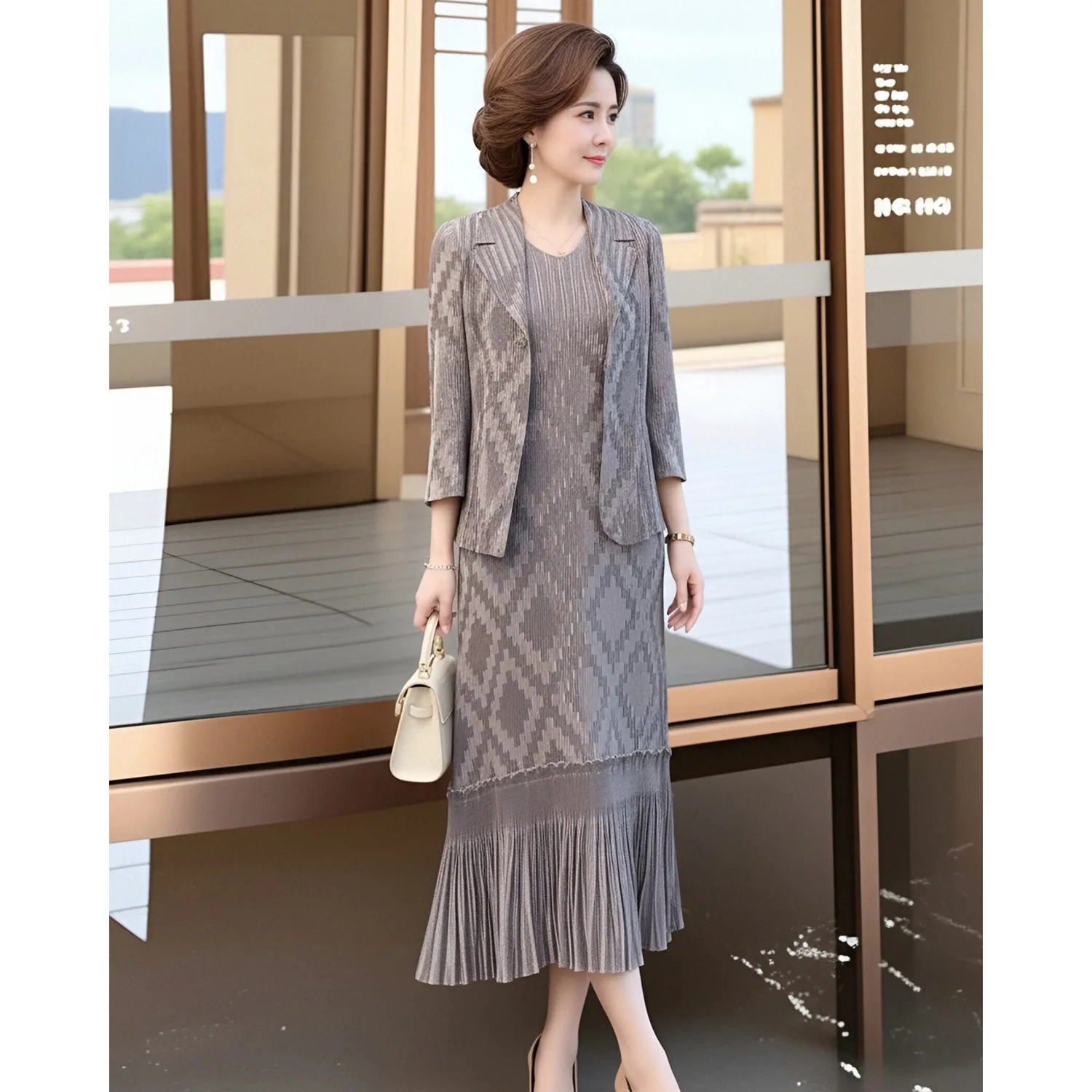 2026 Mom Outfit Khaki High-end Two-piece Suit Skirt Women's Spring Dress New Vest Skirt Miyake Pleated Dress Set