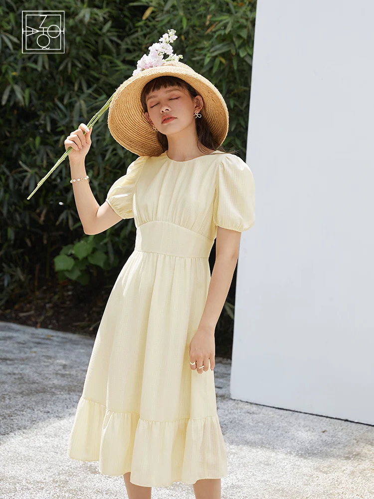 

ZIQIAO Casual Dress Summer 2021 Solid Color Pleated Waist Dress French Gentle Skirt Round Neck Puff Sleeve Skirt Women Clothes