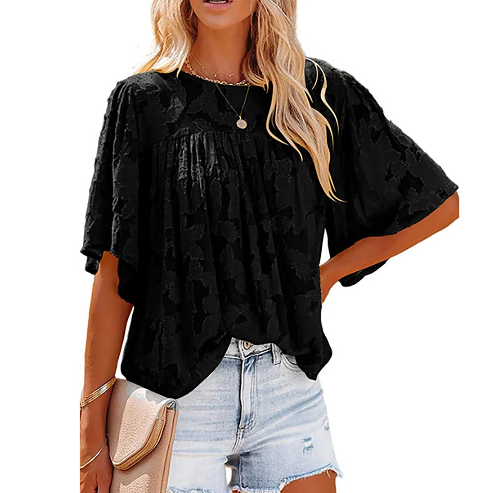 

Womens 3 /4 Bell Sleeve Blouse Summer Crewneck Lace Tops Floral Textured Shirts Ladies Blouses Button down