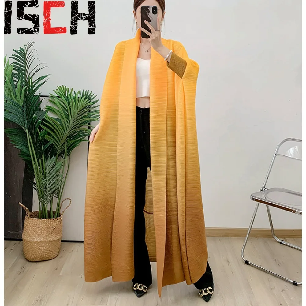 

Pleated Gradient Color Splicing Long Trench Coat Jacket Women's Elegant Loose Large Size Middle East Cardigan Long Robe Cardigan