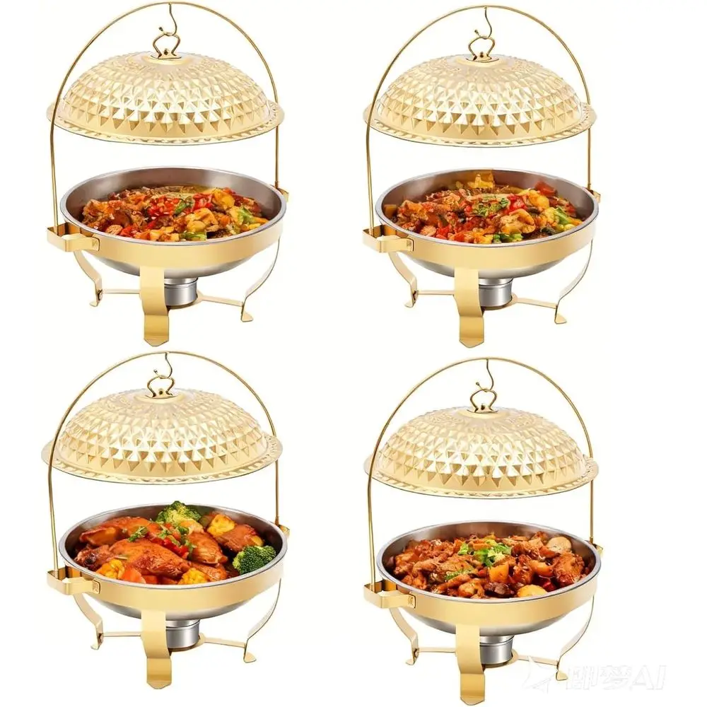 

Набор круглых кастрюль из нержавеющей стали 4-8,5 л с золотой крышкой, подставкой и подогревателем для сервировки и вечеринок, можно мыть в посудомоечной машине