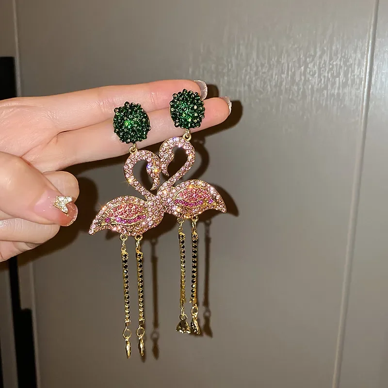 Pink Birds Crystal Earrings for Women Bijoux Long Tassel Rhinestone Dangle Earrings Statement Jewelry