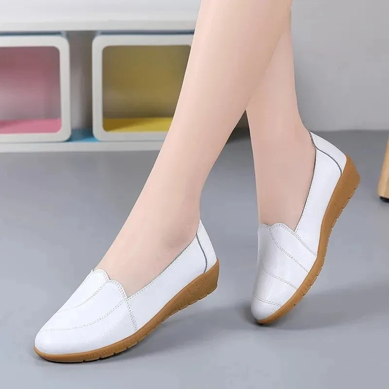 Genuine Leather Shoes For Women White  Summer Clssic Style 2024 Nurse Shoes Woman Leather Flats