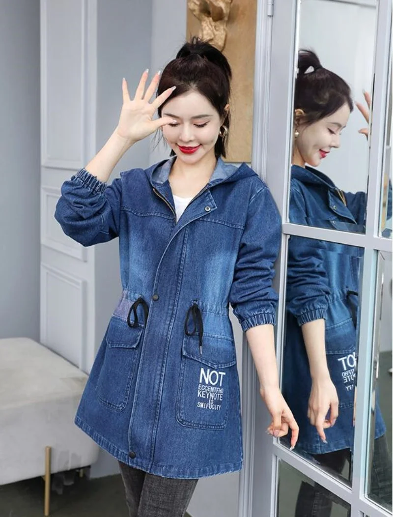 Veste en jean à capuche brodée pour femme, manteau en jean Long décontracté coréen, polyvalent, ample, Cowboy, printemps-automne, 2025